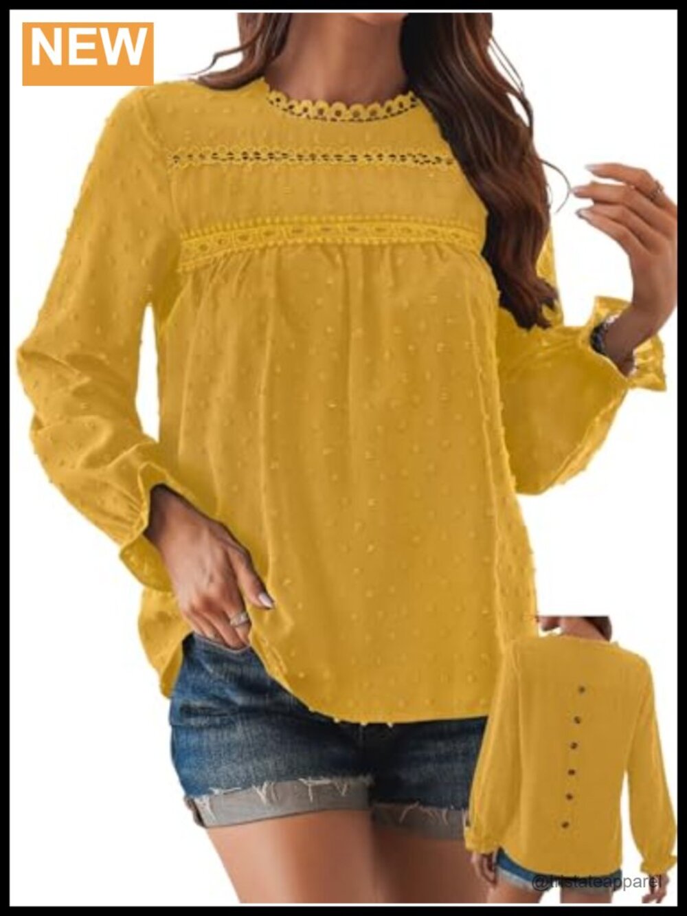 Womens Swiss Dot Blouse Ruffle Long Sleeve Crew Neck Crochet Top